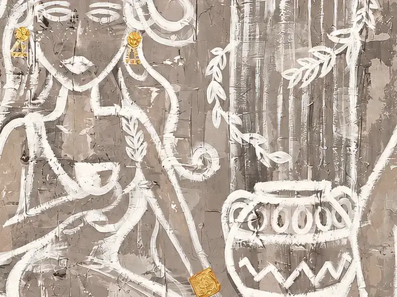 Close-up of the surface of A Toast to the Gods by Isabelle Moreau Hamdan, showing line and texture