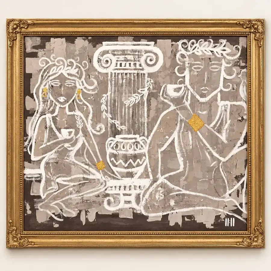 A Toast to the Gods by Isabelle Moreau Hamdan, shown in a gold frame on an ivory wall