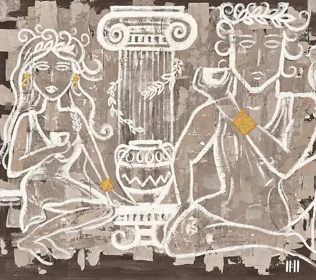 A Toast to the Gods, a painting by Isabelle Moreau Hamdan: two seated white-line figures raising cups on either side of a column, with an amphora between them and touches of gold on a charcoal ground