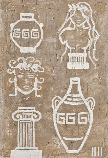 Fragments of the Gods, a painting by Isabelle Moreau Hamdan: two amphoras, a laurel-crowned bust, a head and an Ionic column in white line on a sand and earth-toned textured ground