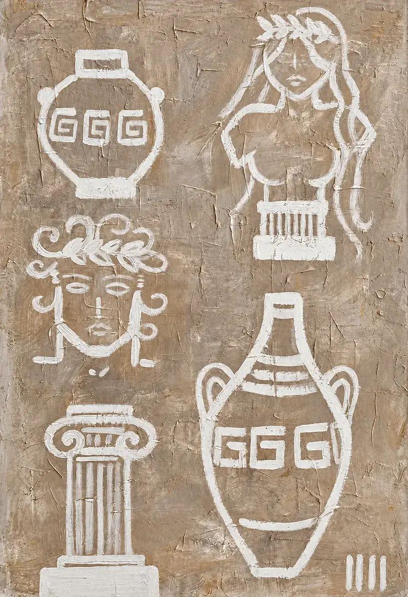 Fragments of the Gods, a painting by Isabelle Moreau Hamdan: two amphoras, a laurel-crowned bust, a head and an Ionic column in white line on a sand and earth-toned textured ground