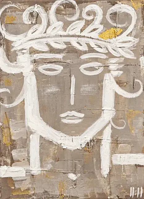 Julius, a painting by Isabelle Moreau Hamdan: a frontal white-line head with a laurel crown and touches of gold on a taupe textured ground