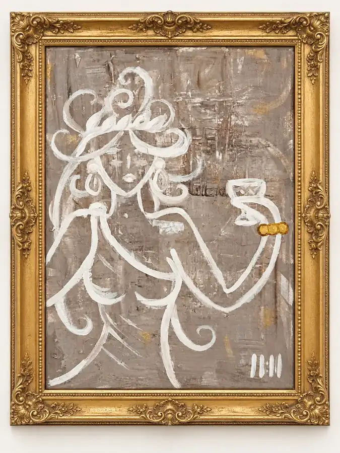 The Joy of Venus by Isabelle Moreau Hamdan, shown in a gold frame on an ivory wall
