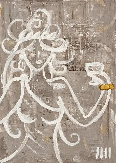 The Joy of Venus, a painting by Isabelle Moreau Hamdan: a white-line figure with curling hair raising a cup, with a gold ring, on a cool grey textured ground