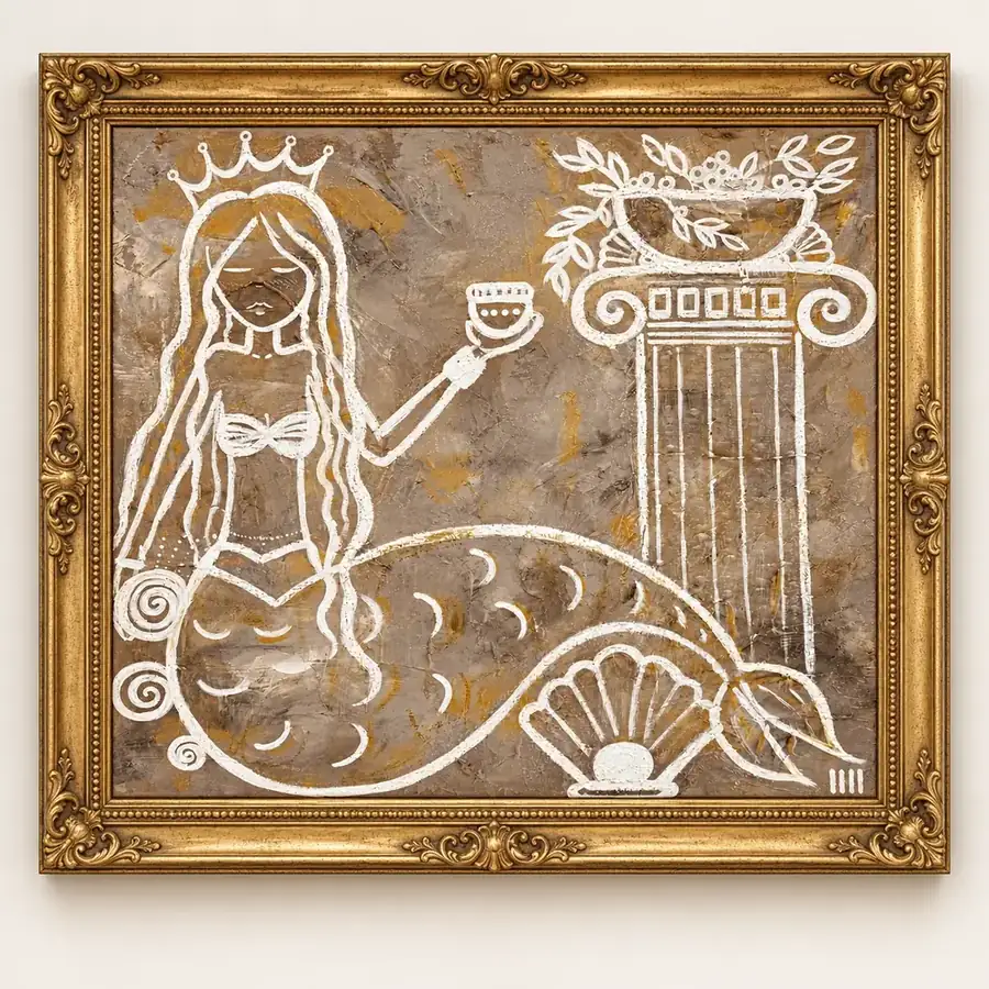 The Last Mermaid by Isabelle Moreau Hamdan, shown in a gold frame on an ivory wall