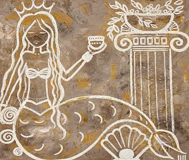 The Last Mermaid, a painting by Isabelle Moreau Hamdan: a crowned white-line mermaid holding a cup beside an Ionic column and a scallop shell, on a taupe ground with ochre and gold