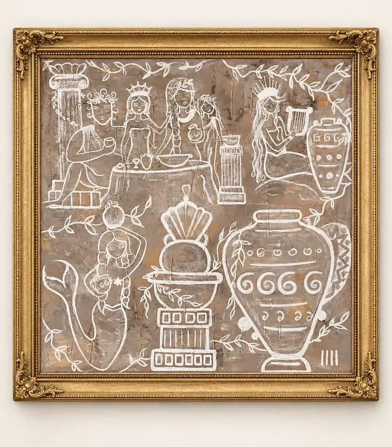 The Lost Temple by Isabelle Moreau Hamdan, shown in a gold frame on an ivory wall