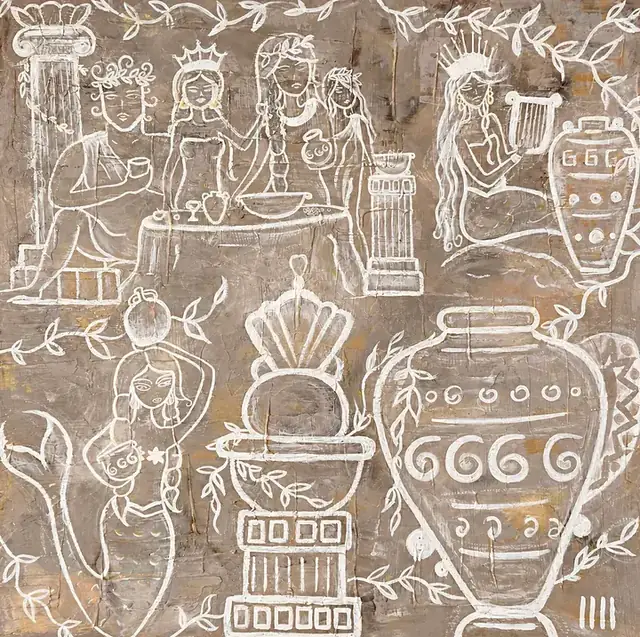 The Lost Temple, a painting by Isabelle Moreau Hamdan: small white-line scenes of a gathering, a lyre player and a mermaid among columns, amphoras and olive branches on a taupe ground