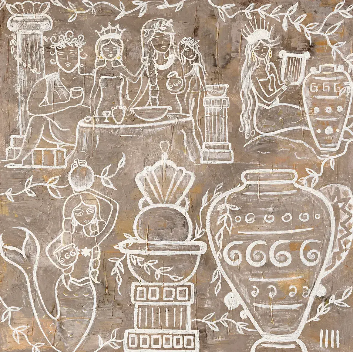 The Lost Temple, a painting by Isabelle Moreau Hamdan: small white-line scenes of a gathering, a lyre player and a mermaid among columns, amphoras and olive branches on a taupe ground