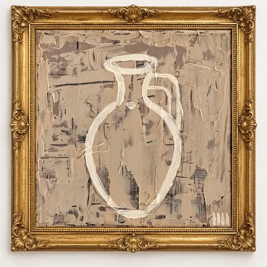 The Ritual Jar by Isabelle Moreau Hamdan, shown in a gold frame on an ivory wall