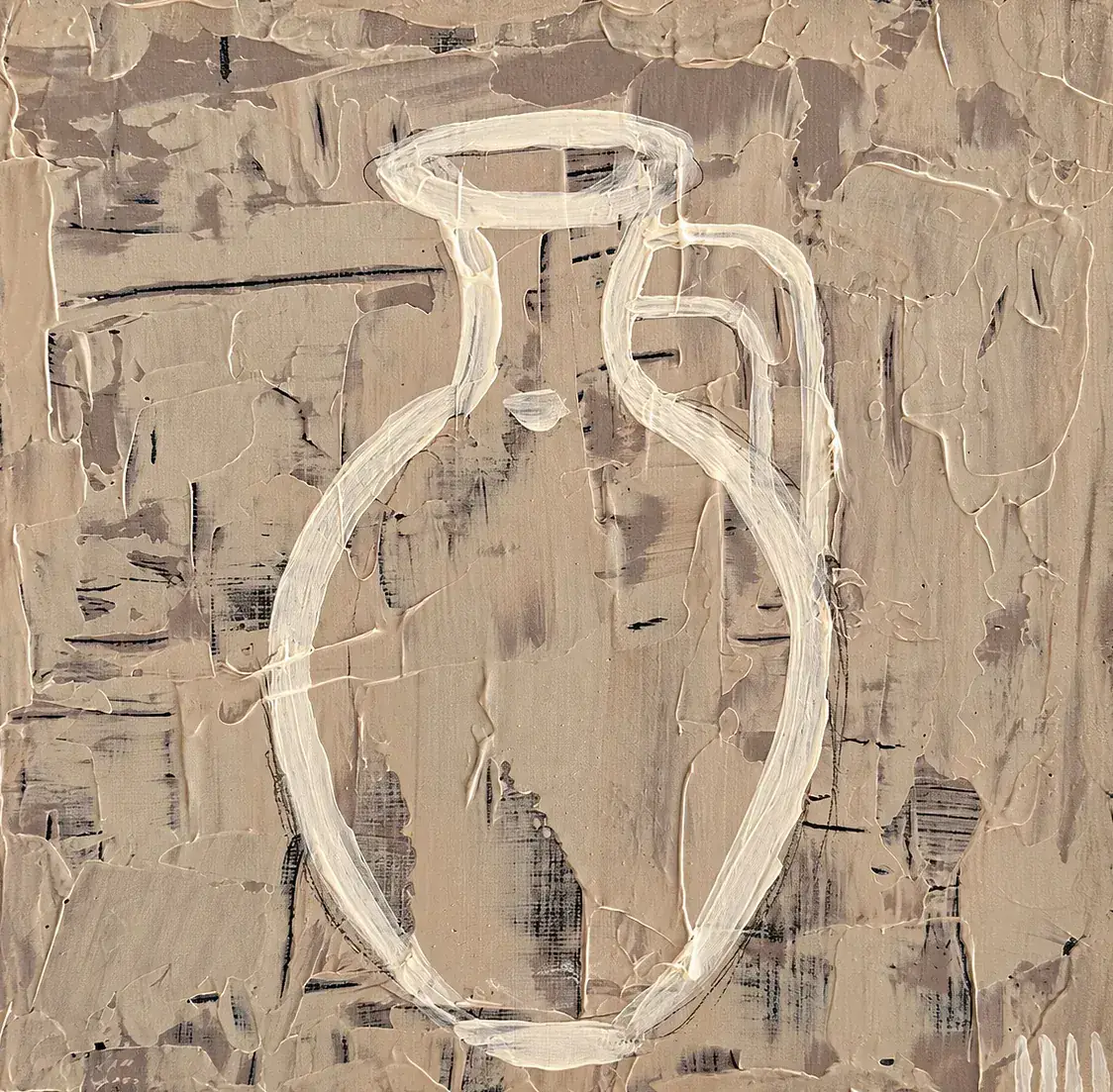 The Ritual Jar, a painting by Isabelle Moreau Hamdan: a single jar drawn in thick cream line on a layered sand, taupe and charcoal textured ground