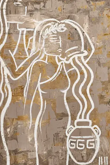 The Roman Sisters, Daughters of Water, a painting by Isabelle Moreau Hamdan: a laurel-crowned white-line woman with long flowing lines falling towards a jar, on a grey and ochre textured ground