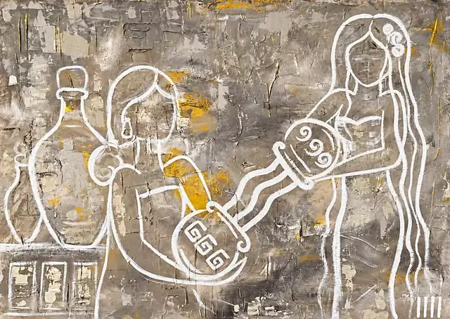 The Sacred Exchange, a painting by Isabelle Moreau Hamdan: two white-line women, one pouring water into the jug held by the other, on a grey and ochre textured ground