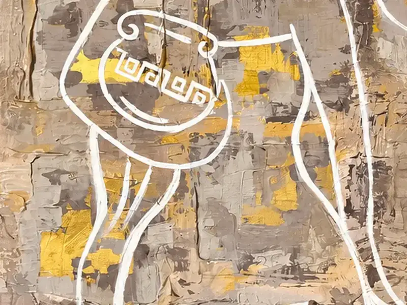 Detail of The Woman of the Temple by Isabelle Moreau Hamdan, showing white line over a textured ground