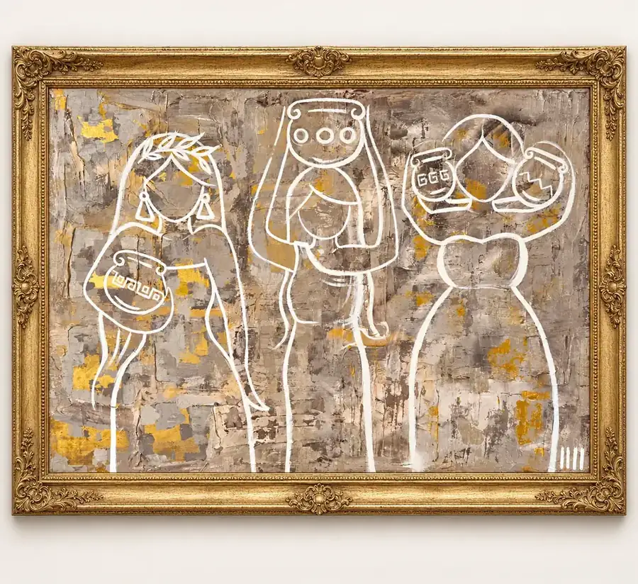 The Woman of the Temple by Isabelle Moreau Hamdan, shown in a gold frame on an ivory wall