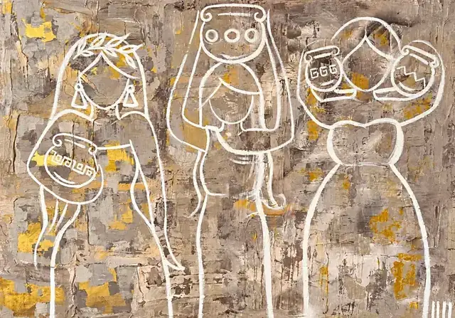The Woman of the Temple, a painting by Isabelle Moreau Hamdan: three white-line figures holding vessels on a textured taupe ground with touches of gold