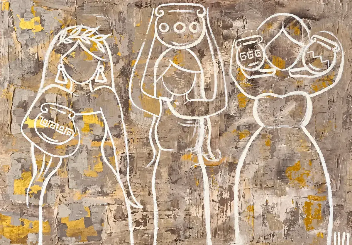 The Woman of the Temple, a painting by Isabelle Moreau Hamdan: three white-line figures holding vessels on a textured taupe ground with touches of gold
