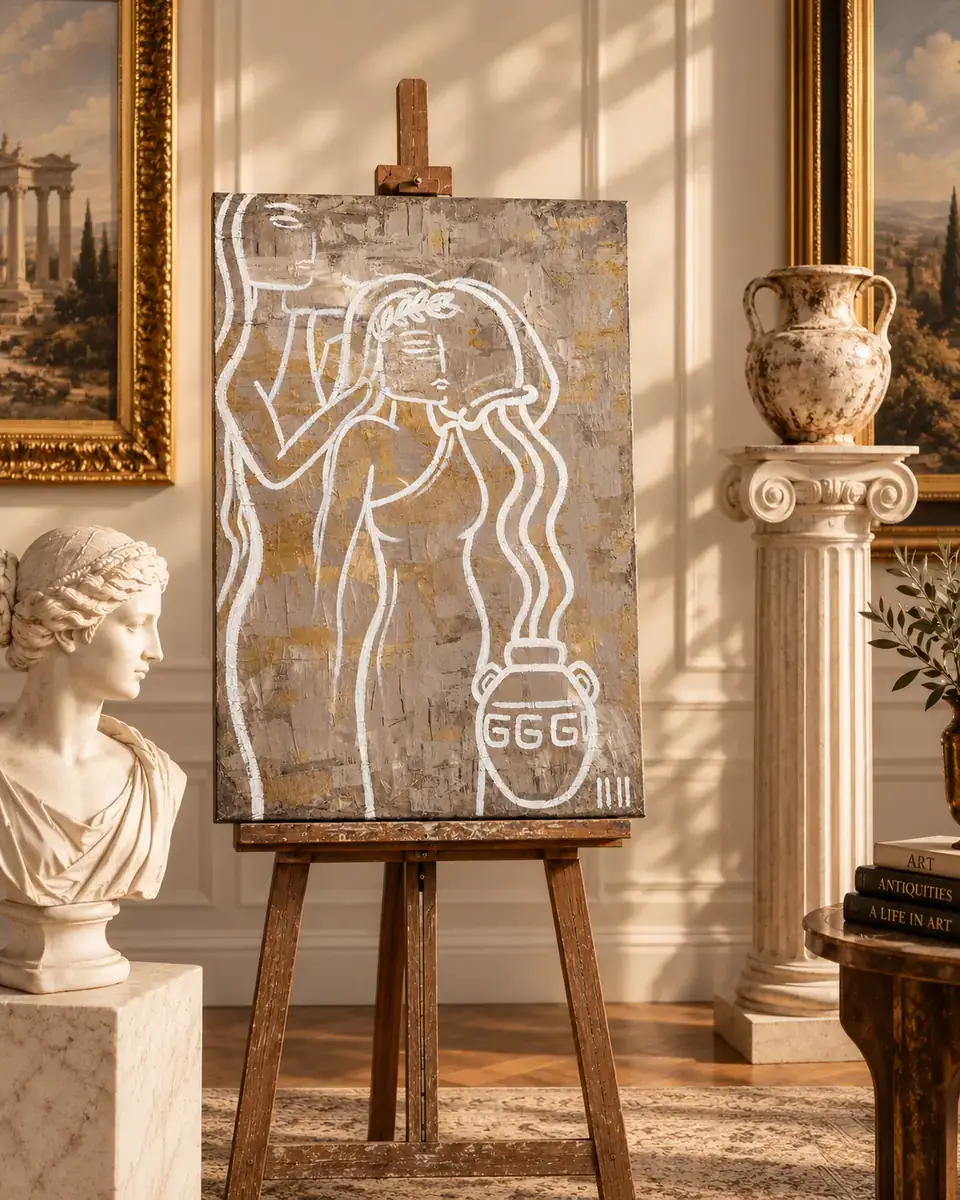 A painting on a wooden easel between a marble bust and a fluted column topped with an amphora: a laurel-crowned woman drawn in white line pours water into a vessel