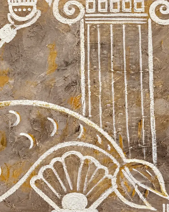 Close-up of the painted surface of The Last Mermaid: raised white lines forming a column and a scallop shell over a taupe ground with touches of gold