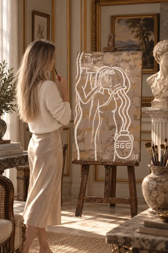 Isabelle Moreau Hamdan standing in a classical room, a brush at her lips, looking at a white-line painting of a laurel-crowned woman pouring water into an amphora, on an easel beside a marble bust
