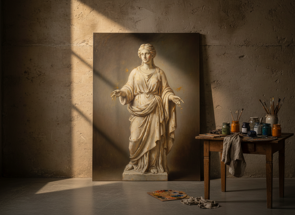 A large classical oil painting leaning against a textured limestone wall in an elegant atelier